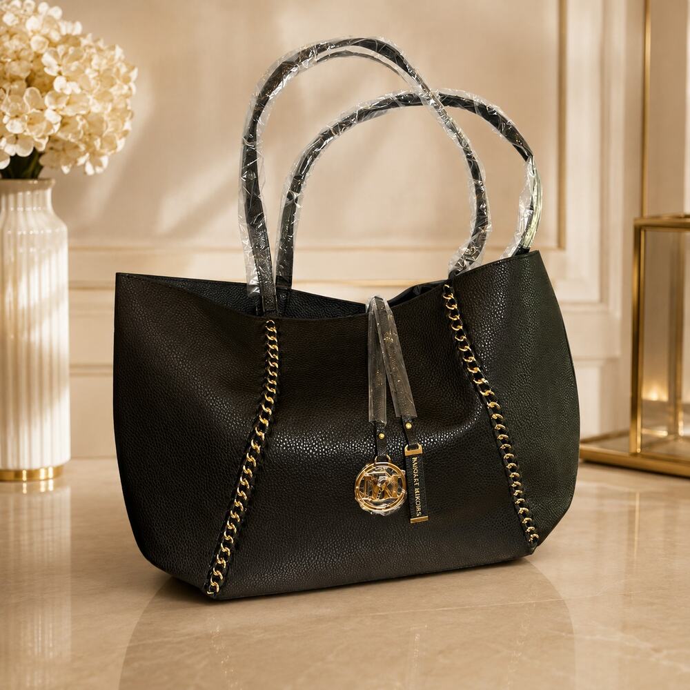 Badgley Mischka Decorative Chain Pebbled Chic Designer Vegan Tote Black NWT